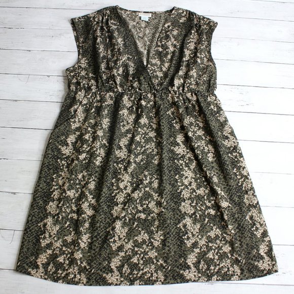 Motherhood Women's Maternity Dress Size L Green Tan Animal Print Pockets - Picture 1 of 5